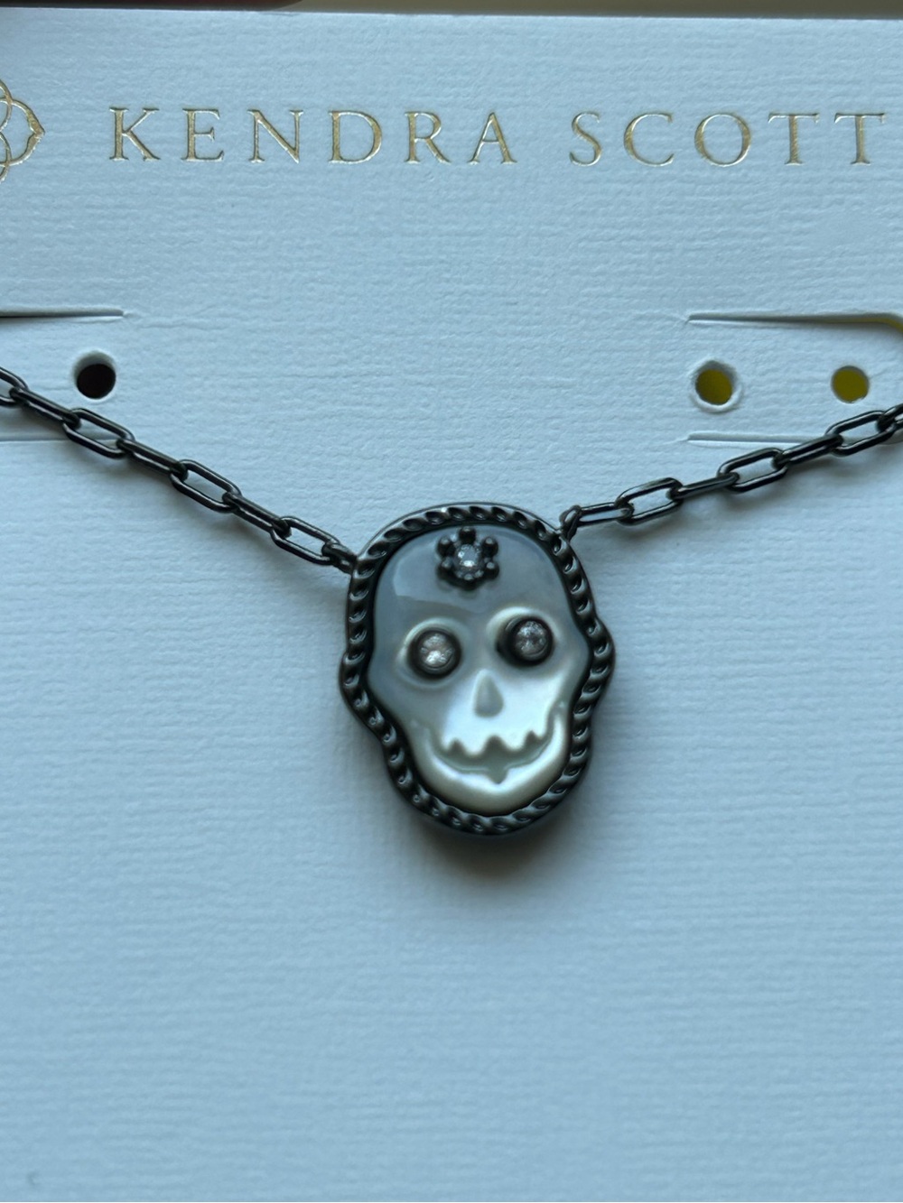Kendra Scott Pearl White Skull Pendant Necklace with Dark Chain